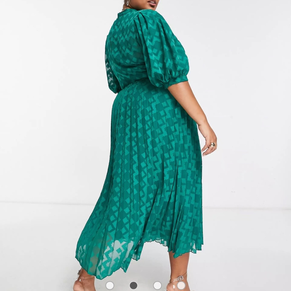 ASOS DESIGN Curve high neck pleated chevron textured midi dress with puff sleeve